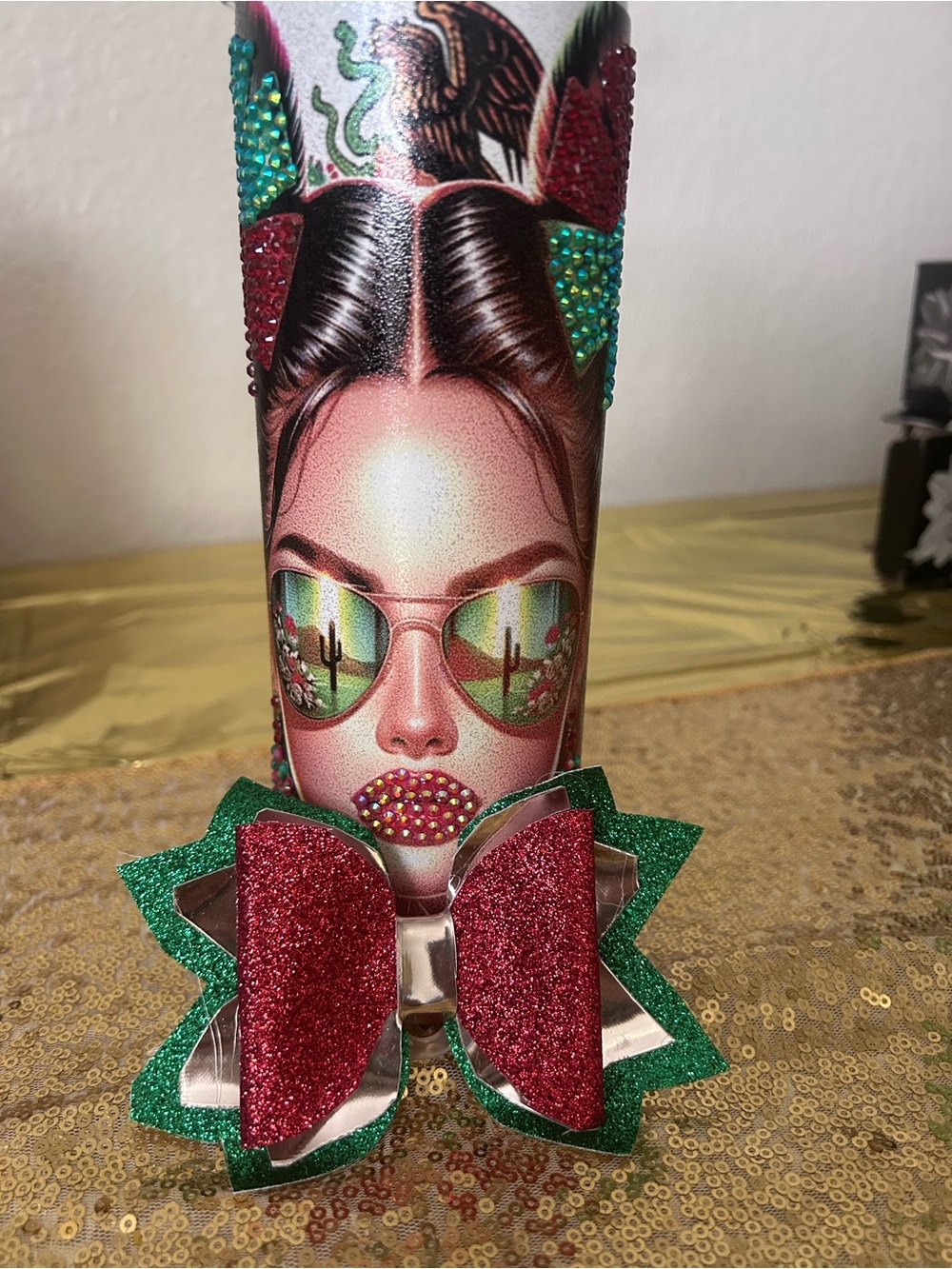 Decorative Rhinestone Tumbler with Bow Accent - Pink & Green